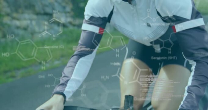 Animation of chemical models and data processing over caucasian woman riding bicycle on road