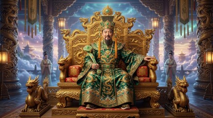 Fototapeta premium Imperial Emperor on Ornate Throne Surrounded by Mythical Creatures