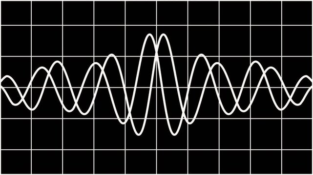 Oscilloscope Display With White Waveform Signals On Black Grid Background. Technical Monitor Showing Vibration Measurement Patterns Sound Waves Or Radiation Signals. Scientific Diagnostic Display Loop