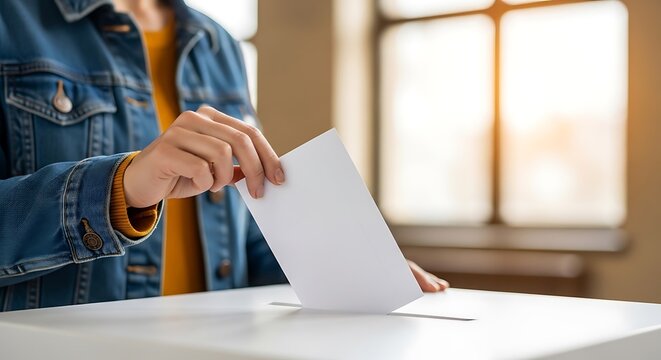 Person inserting white envelope into voting box indoors with natural light