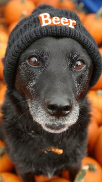 Dog wearing a hat in a pumpkin patch during fall season with many pumpkins in the background