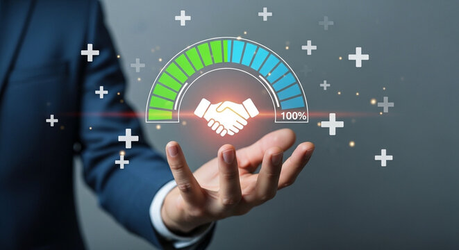 Businessman interacting with a glowing performance meter
