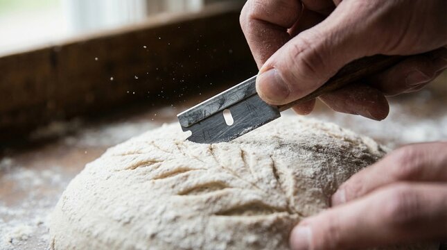 A hand using a razor blade tool to score a pattern into a round loaf of bread dough.