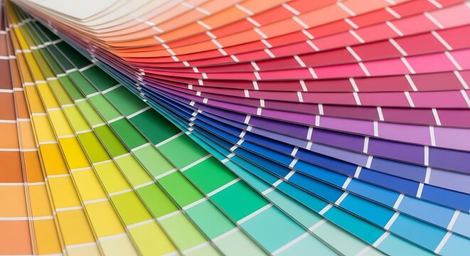 Color swatch fan deck with gradient paint samples in a spectrum arrangement