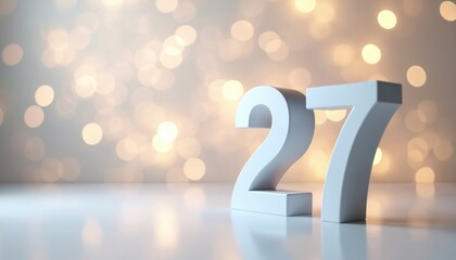 Fototapeta premium White 3D number 27 stands on reflective surface. Soft bokeh lights sparkle in background. Numeric symbol represents age, event, milestone, or date.