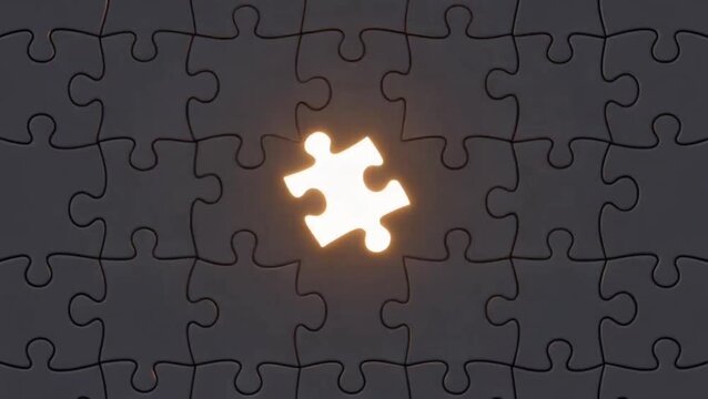 A single glowing jigsaw puzzle piece illuminated against a dark, incomplete puzzle background, symbolizing a breakthrough, solution, or unique idea