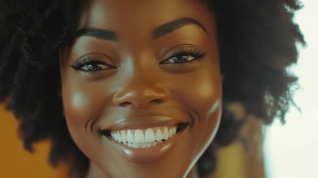 A cheerful woman with natural hair, radiating happiness. Her warm smile and direct gaze are the focus of this portrait.