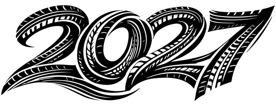 Bold hand-drawn 2027 numerals featuring tribal tattoo patterns in black and white. Decorative typographic artwork ideal for posters, posters, logos