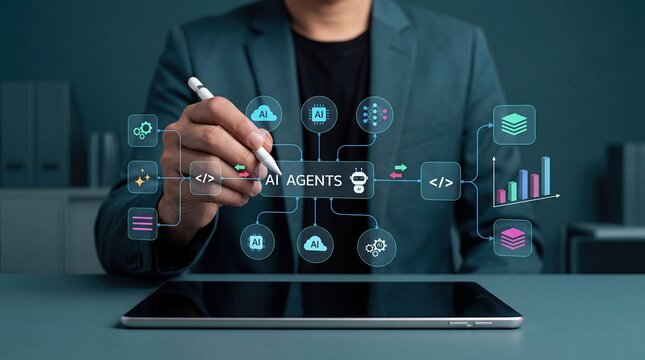 Advanced AI agents architecture for business intelligence and data visualization, professional using stylus on digital tablet to manage automated artificial intelligence tasks