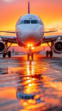 An airplane is on the runway as the sun sets in the background. Bright colors fill the sky while light reflects on the wet ground. The scene shows movement and preparation for flight