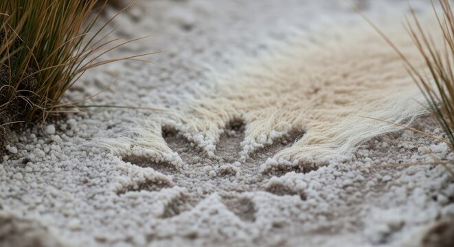 Close-up of a sun-like pattern impressed in granular white terrain, possibly salt flats, with sparse grasses. Focus on texture, patterns, and natural elements