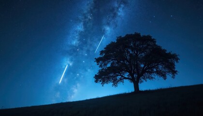 Fototapeta premium Dark night sky filled with stars and two bright meteor streaks. Silhouette of a large tree stands on a grassy hill. Celestial event offers a natural wonder spectacle.
