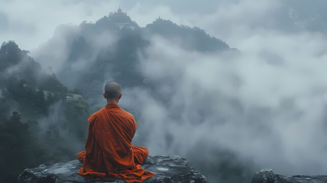 Buddhist monk in orange robes sitting in deep meditation before a misty mountain temple with waterfall, pagoda, and dramatic mountain cliffs in the background