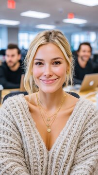 A woman with a bright smile is sitting in an office. She wears a cozy sweater and has jewelry on. Two coworkers work on their laptops in the background