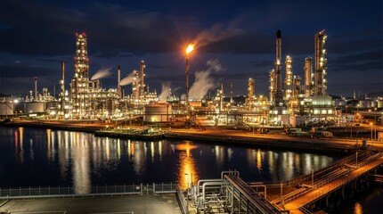 Obraz premium Nighttime Industrial Scene with Illuminated Refineries and Smoke