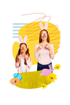 Vertical postcard collage of cheerful joyful girls enjoy celebration sunday easter tradition theme party isolated on drawing background
