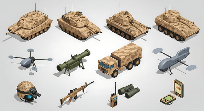 Modern isometric collection featuring tactical military equipment, desert camouflage vehicles, armored tanks, transport trucks, and combat artillery weapons for army defense and warfare.