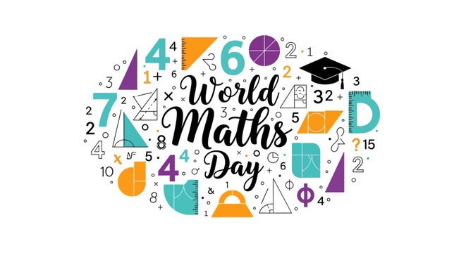 World Maths Day illustration with colorful math symbols and educational icons on a white background, conveying a math education concept.