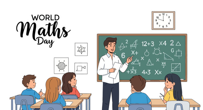 Illustration of a teacher explaining math concepts to students in a classroom on World Maths Day with a chalkboard full of equations and geometric shapes.