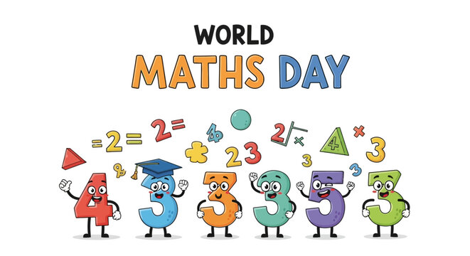 Colorful illustration of cartoon numbers celebrating World Maths Day with mathematical symbols and educational elements in a lively design.