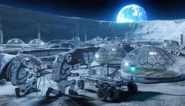 Panoramic view of a lunar base with glass domes and astronauts