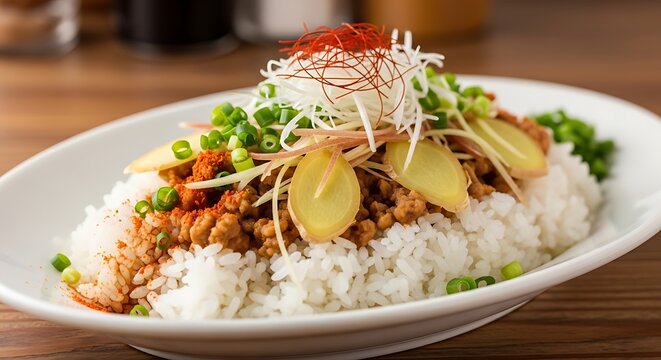 Japanese Soboro Donburi Minced Meat over Rice with Sliced Ginger and Green Onions