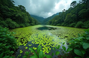 Obraz premium Calm lake with green lily pads covers surface. Dense green forest hills rise on both sides of water. Misty clouds hang low over mountain valley.