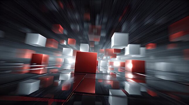 A dynamic digital composition featuring abstract geometric shapes in white, black, and red. The scene is futuristic with perspective