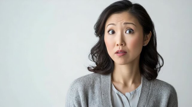 Asian woman in a gray sweater with brown hair looking up to the side, her face displaying shock or stunned surprise as she reacts to news.