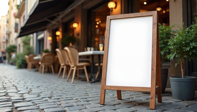 Blank wooden easel sign on cobblestone street outside cafe tables. Outdoor menu board awaits text. Restaurant branding or advertising space.