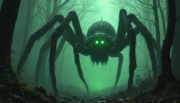 Giant spider with glowing green eyes walks through misty dark forest. Creepy arachnid creature lurks on path between trees. Eerie woods with fog create scary atmosphere. Horror monster hunt begins.