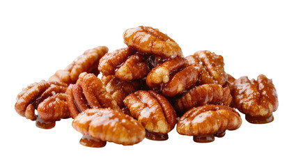 Obraz premium Isolated heap of candied pecans, glistening with sweet glaze, a perfect gourmet snack