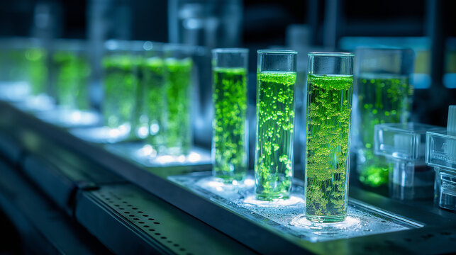 A futuristic laboratory photograph featuring rows of clear glass bio-reactor tubes filled with bubbling, emerald-green micro-algae culture