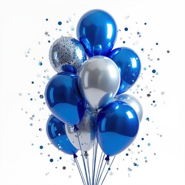 Shiny blue and silver balloons with confetti float upwards. Group of party globes with metallic sheen for celebration. Festive helium orbs for events.