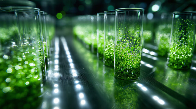 A futuristic laboratory photograph featuring rows of clear glass bio-reactor tubes filled with bubbling, emerald-green micro-algae culture