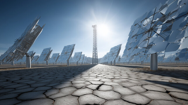Massive array of heliostat mirrors at a concentrated solar power plant.