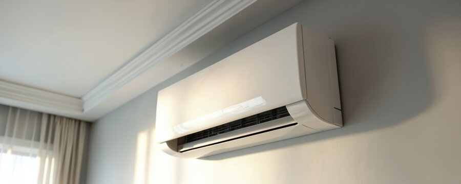White air conditioner unit mounted on wall in modern room. Provides cool air for comfort during hot weather. Sleek appliance for home climate control.