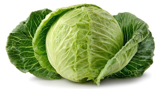 A head of fresh, green cabbage with outer leaves spread out, isolated on white