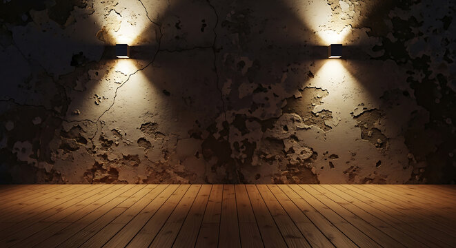 Empty room with cracked textured beige walls and wooden floor lit by two wall sconces
