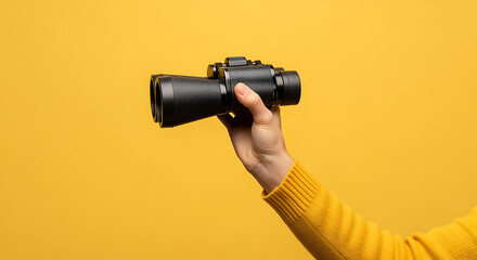 Fototapeta premium Hand holding black binoculars against a solid bright yellow background solid background