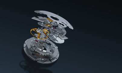 Exploded luxury watch movement on dark background, precision engineering and horology concept