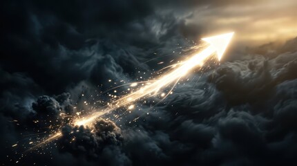 Fototapeta premium Dynamic Arrow Moving Through Dark Clouds with Glowing Sparks