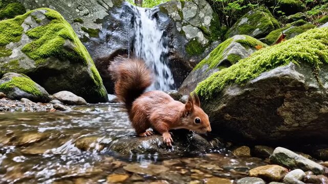 A red squirrel crossing a shallow stream.