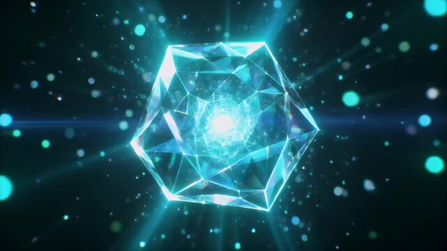 Cinematic and mystical glowing blue crystal core rotating amidst energetic particles and light rays.