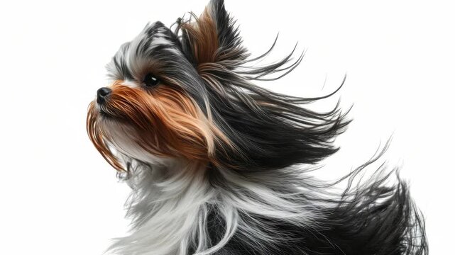 An adorable Yorkiepoo with floppy ears and a full coat blowing in the wind. Its happy expression captures the joy of a playful moment outdoors.