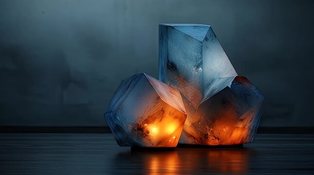 A mystical scene depicts three crystalline structures of various sizes. They glow from within with warm light, casting soft reflections