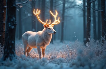 Naklejka premium White deer with glowing antlers stands in a snowy forest. Magical winter woodland scene. Animal, nature, fantasy, mythical creature, wildlife. Sparkling light and mist.