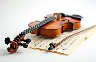 Naklejka premium Wooden violin and bow rest on sheet music pages in studio. Classic string instrument with clear notes laid out. Elegant music composition setup ready for performance.