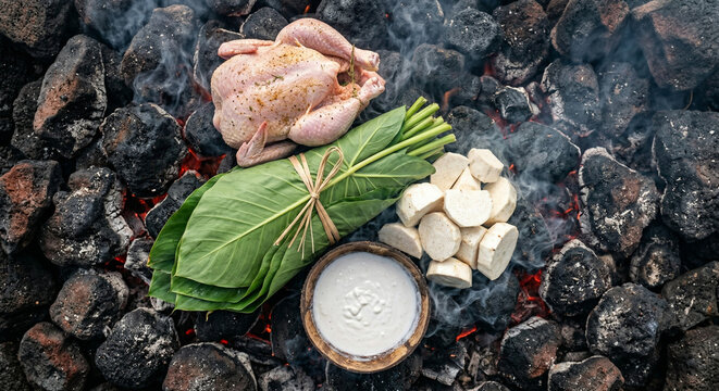 A cinematic top-down photograph of Fijian Lovo (earth oven) ingredients