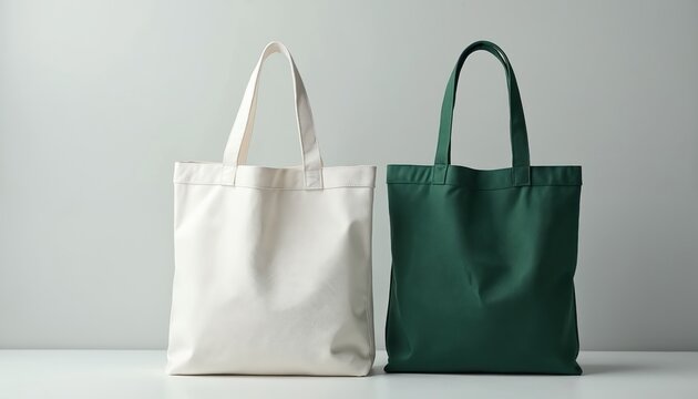 Two blank tote bags white and dark green stand side by side. Simple practical fabric bags for shopping or promotion. Minimalist neutral studio shot.